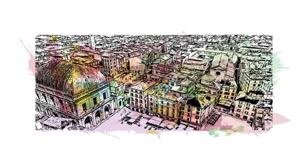 Building view with landmark of Brescia is the
city in Italy. watercolour splash with hand drawn sketch illustration in vector.のイラスト素材