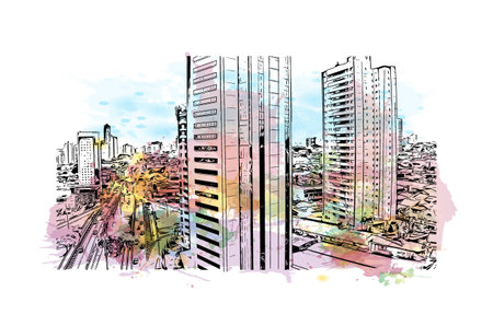 Building view with landmark of Campo Grande is a city in west central Brazil. Watercolor splash with hand drawn sketch illustration in vector.のイラスト素材