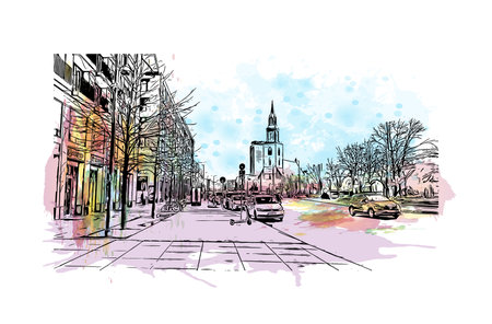 Building view with landmark of Berlin is the
Capital of Germany. Watercolour splash with hand drawn sketch illustration in vector.のイラスト素材