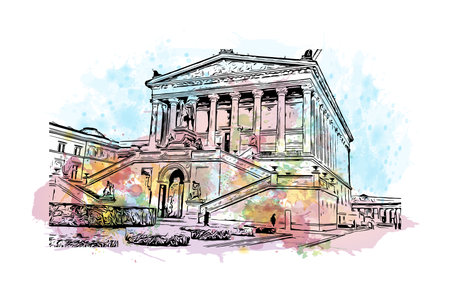 Building view with landmark of Berlin is the
Capital of Germany. Watercolour splash with hand drawn sketch illustration in vector.のイラスト素材