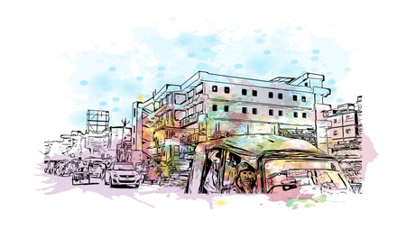 Building view with landmark of Bihar Sharif is the
city in India. Watercolour splash with hand drawn sketch illustration in vector.のイラスト素材