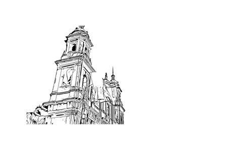 Building view with landmark of Bogota is the
capital of Colombia. Hand drawn sketch illustration in vector.のイラスト素材