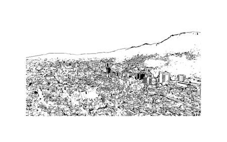 Building view with landmark of Bogota is the
capital of Colombia. Hand drawn sketch illustration in vector.のイラスト素材