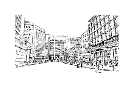 Building view with landmark of Bogota is the
capital of Colombia. Hand drawn sketch illustration in vector.のイラスト素材