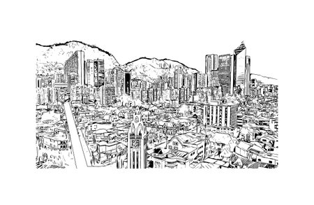 Building view with landmark of Bogota is the
capital of Colombia. Hand drawn sketch illustration in vector.のイラスト素材