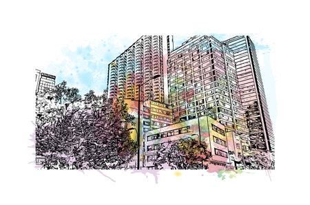 Building view with landmark of Bogota is the
capital of Colombia. Watercolour splash with hand drawn sketch illustration in vector.のイラスト素材