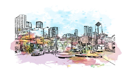 Building view with landmark of Bogota is the
capital of Colombia. Watercolour splash with hand drawn sketch illustration in vector.のイラスト素材