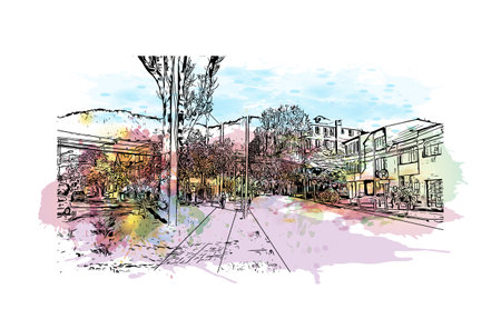 Building view with landmark of Bogota is the
capital of Colombia. Watercolour splash with hand drawn sketch illustration in vector.のイラスト素材