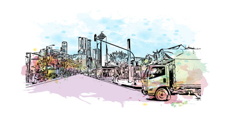 Building view with landmark of Bogota is the
capital of Colombia. Watercolour splash with hand drawn sketch illustration in vector.のイラスト素材