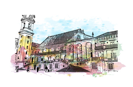 Building view with landmark of Coimbra is the 
city in Portugal. Watercolor splash with hand drawn sketch illustration in vector.のイラスト素材
