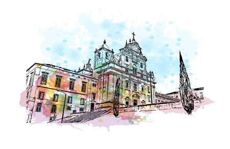 Building view with landmark of Coimbra is the 
city in Portugal. Watercolor splash with hand drawn sketch illustration in vector.のイラスト素材