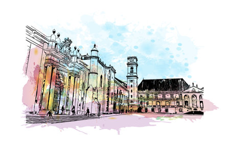 Building view with landmark of Coimbra is the 
city in Portugal. Watercolor splash with hand drawn sketch illustration in vector.のイラスト素材