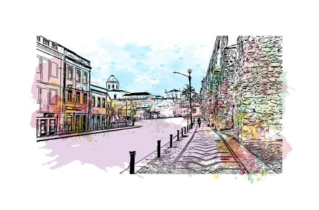 Building view with landmark of Coimbra is the 
city in Portugal. Watercolor splash with hand drawn sketch illustration in vector.のイラスト素材