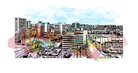 building view with landmark of Birmingham is a city in the United States. Watercolor splash with hand drawn sketch illustration in vector.のイラスト素材