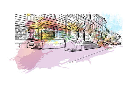 Building view with landmark of Chernivtsi is a city in western Ukraine. Watercolor splash with hand drawn sketch illustration in vector.のイラスト素材