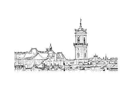 Building view with landmark of Chernivtsi is a city in western Ukraine. Hand drawn sketch illustration in vector.のイラスト素材