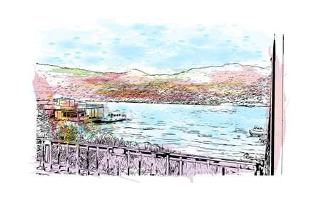 Building view with landmark of Chuncheon is the capital city of  South Korea. Watercolor splash with hand drawn sketch illustration in vector.のイラスト素材