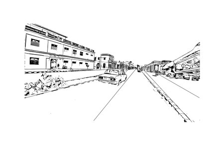 Building view with landmark of Cienfuegos is the
city in Cuba. Hand drawn sketch illustration in vector.のイラスト素材