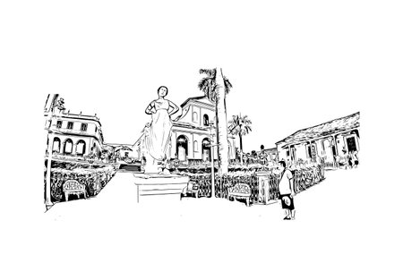 Building view with landmark of Cienfuegos is the
city in Cuba. Hand drawn sketch illustration in vector.のイラスト素材