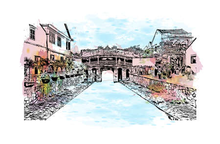 Building view with landmark of Da Nang is the
municipality in Vietnam. watercolour splash with hand drawn sketch illustration in vector.のイラスト素材