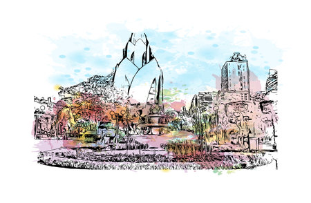 Building view with landmark of Da Nang is the
municipality in Vietnam. watercolour splash with hand drawn sketch illustration in vector.のイラスト素材
