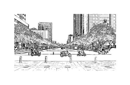 Building view with landmark of Da Nang is the
municipality in Vietnam. Hand drawn sketch illustration in vector.のイラスト素材