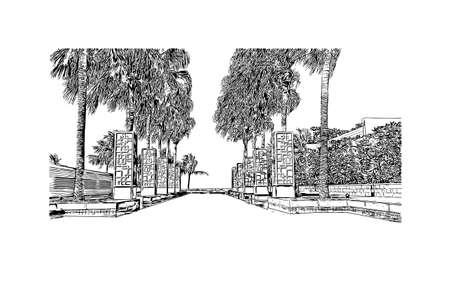 Building view with landmark of Da Nang is the
municipality in Vietnam. Hand drawn sketch illustration in vector.のイラスト素材