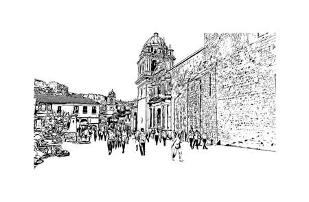 Building view with landmark of Cusco is the
city in Peru. Hand drawn sketch illustration in vector.のイラスト素材