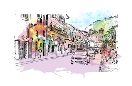 Building view with landmark of Cusco is the
city in Peru. Watercolor splash with hand drawn sketch illustration in vector.のイラスト素材