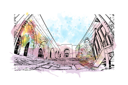 Building view with landmark of Denizli is the
city in Turkey. watercolour splash with hand drawn sketch illustration in vector.のイラスト素材