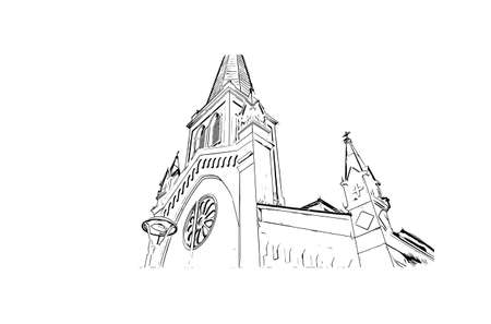 Building view with landmark of Calama is the
city in Chile. Hand drawn sketch illustration in vector.のイラスト素材