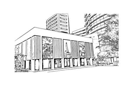 Building view with landmark of Darwin is the
city in Australia. Hand drawn sketch illustration in vector.のイラスト素材