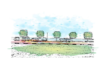 Building view with landmark of Dammam is the
city in Saudi Arabia. Watercolour splash with hand drawn sketch illustration in vector.のイラスト素材