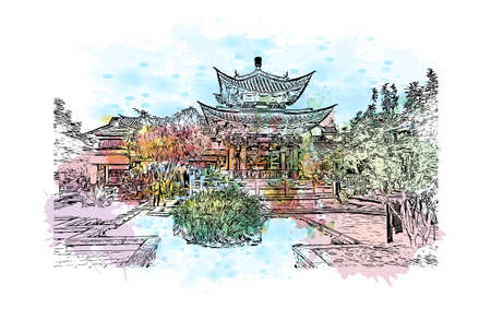 Building view with landmark of Dali is a city in China. Watercolour splash with hand drawn sketch illustration in vector.のイラスト素材