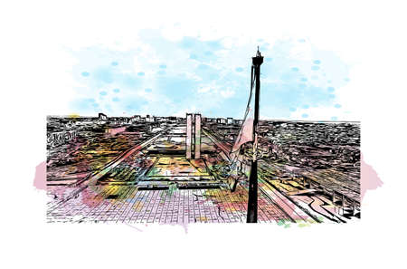 Building view with landmark of Brasilia is the
capital of Brazil. Watercolour splash with hand drawn sketch illustration in vector.のイラスト素材