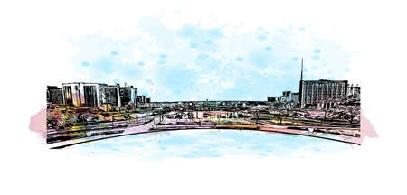 Building view with landmark of Brasilia is the
capital of Brazil. Watercolour splash with hand drawn sketch illustration in vector.のイラスト素材