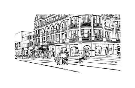 Building view with landmark of Derry is a city in Northern Ireland. Hand drawn sketch illustration in vector.のイラスト素材