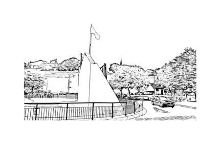 Building view with landmark of Derry is a city in Northern Ireland. Hand drawn sketch illustration in vector.のイラスト素材