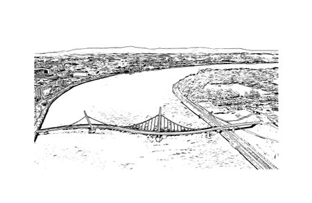 Building view with landmark of Derry is a city in Northern Ireland. Hand drawn sketch illustration in vector.のイラスト素材