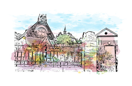 Building view with landmark of Derry is a city in Northern Ireland. Watercolour splash with hand drawn sketch illustration in vector.のイラスト素材