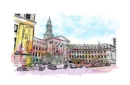 Building view with landmark of Denver is the capital of Colorado. Watercolour splash with hand drawn sketch illustration in vector.のイラスト素材