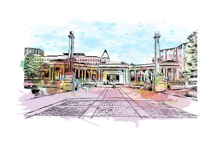 Building view with landmark of Denver is the capital of Colorado. Watercolour splash with hand drawn sketch illustration in vector.のイラスト素材