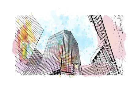 Building view with landmark of Denver is the capital of Colorado. Watercolour splash with hand drawn sketch illustration in vector.のイラスト素材