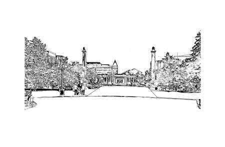 Building view with landmark of Denver is the capital of Colorado. Hand drawn sketch illustration in vector.のイラスト素材