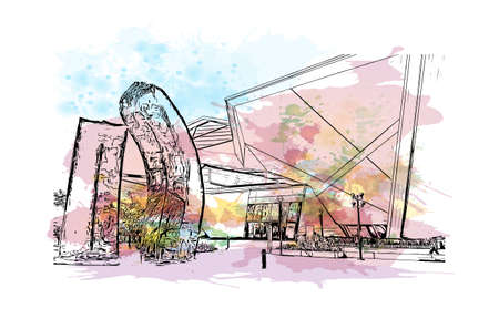 Building view with landmark of Denver is the 
city in Colorado. Watercolour splash with hand drawn sketch illustration in vector.のイラスト素材
