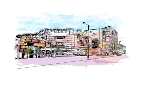 Building view with landmark of Denver is the 
city in Colorado. Watercolour splash with hand drawn sketch illustration in vector.のイラスト素材