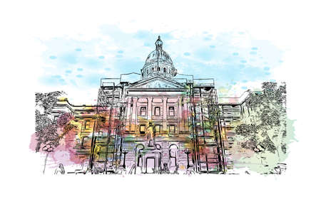Building view with landmark of Denver is the 
city in Colorado. Watercolour splash with hand drawn sketch illustration in vector.のイラスト素材