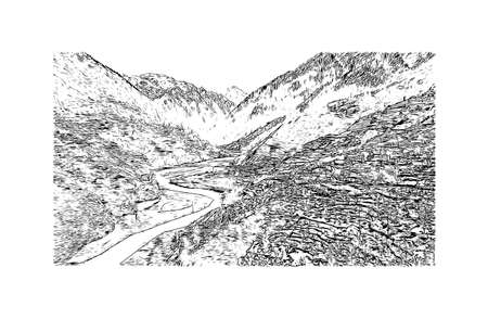 Building view with landmark of Dehradun is the 
city in India. Hand drawn sketch illustration in vector.のイラスト素材