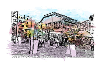 Building view with landmark of Darmstadt is a city near Frankfurt in southwest Germany. Watercolour splash with hand drawn sketch illustration in vector.のイラスト素材