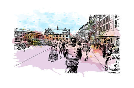 Building view with landmark of Darmstadt is a city near Frankfurt in southwest Germany. Watercolour splash with hand drawn sketch illustration in vector.のイラスト素材